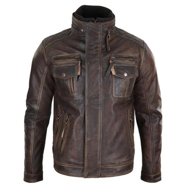 Heritage Distressed Leather Military Biker Jacket