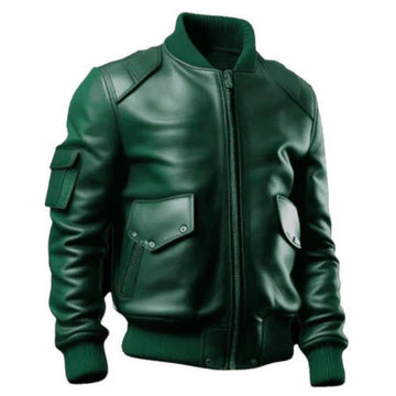 Dark green leather bomber jacket with flap pockets and zip closure