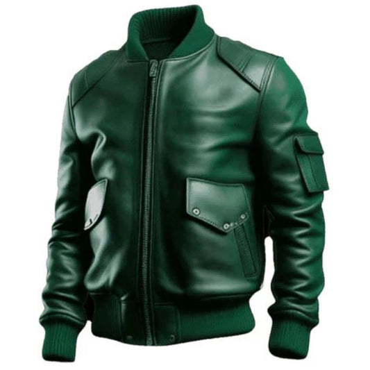 Green leather bomber jacket with ribbed cuffs and utility pocket