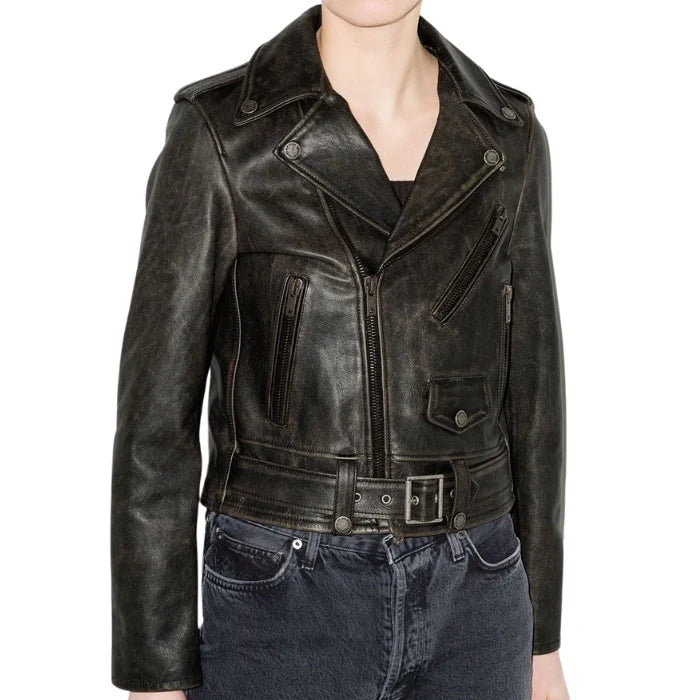 Model Wearing Black Moto Leather Jacket