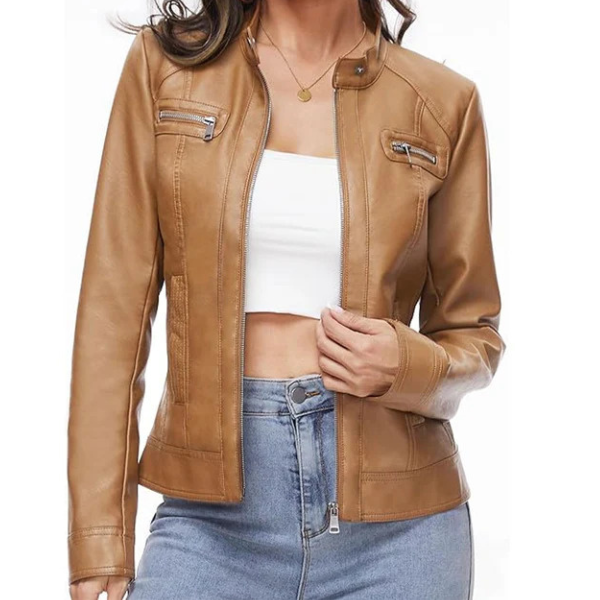 Women's Stand Up Collar Moto Leather Jacket