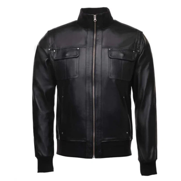 Men's Black Ribbed Collar Bomber Leather Jacket