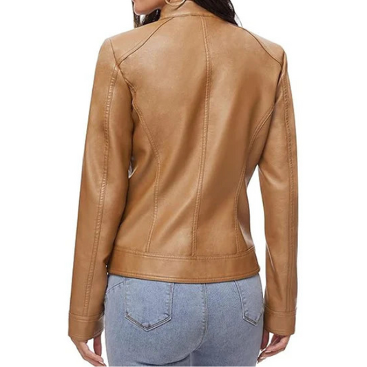 Women's Stand Up Collar Moto Leather Jacket