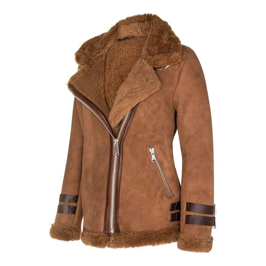 Women's Tan Brown Shearling Fur Real Leather Jacket