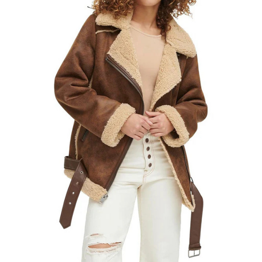 Women's Waxed Sherpa Fur Leather Jacket