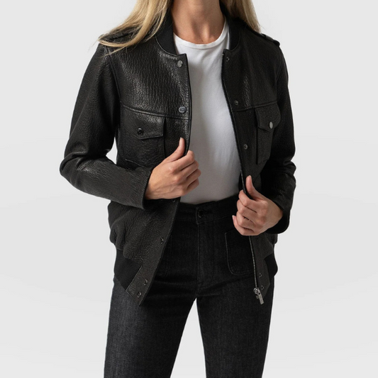 Soft Grain Black Leather Bomber Jacket