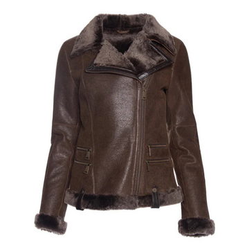 Women's Brown Shearling-Lined Leather Moto Jacket