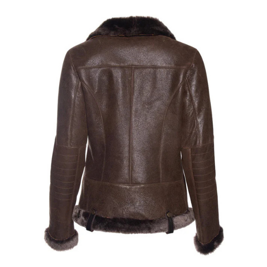 Women's Brown Shearling-Lined Leather Moto Jacket