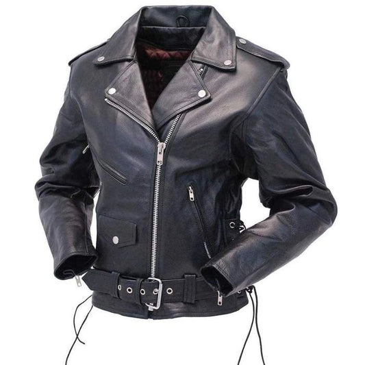 Women's Black Lace-Up Leather Motorcycle Jacket