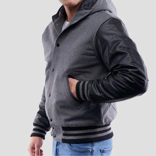 Light Oxford Wool Varsity Jacket & Black Leather Sleeves Hoodie