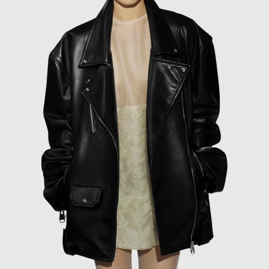 Women's Oversized Black Leather Biker Jacket