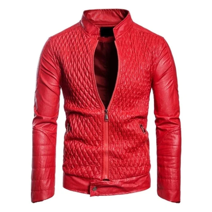 A vibrant red diamond quilted leather jacket with a stand-up collar, front zipper, and waist snap button, designed for a slim fit.