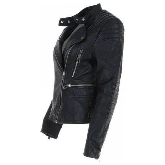 Women's Quilted Shoulder Leather Biker Jacket