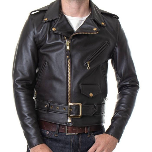Men's Rebel-Style Belted Leather Biker Jacket