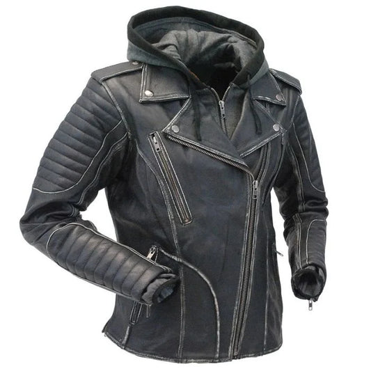 Women's Quilted Leather Moto Jacket with Hoodie