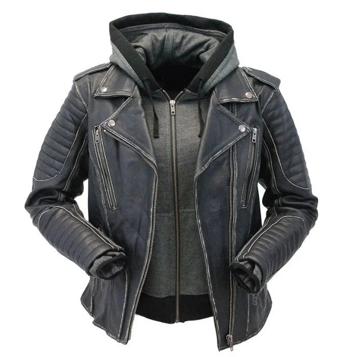 Women's Quilted Leather Moto Jacket with Hoodie
