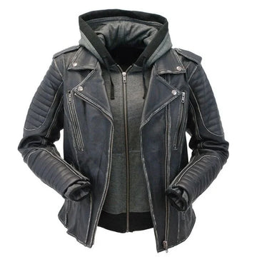 Women's Quilted Leather Moto Jacket with Hoodie