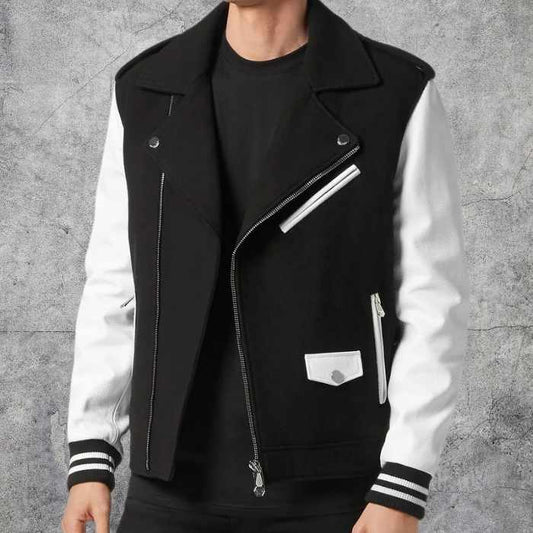 Men's Wool and Leather Varsity Biker Jacket